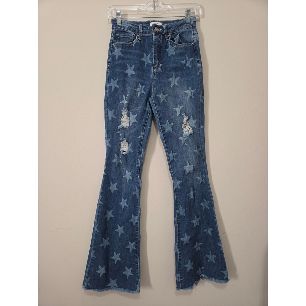 YMI Star Print Distressed Flare Jeans Blue High Rise Frayed Hem Womens 5/27